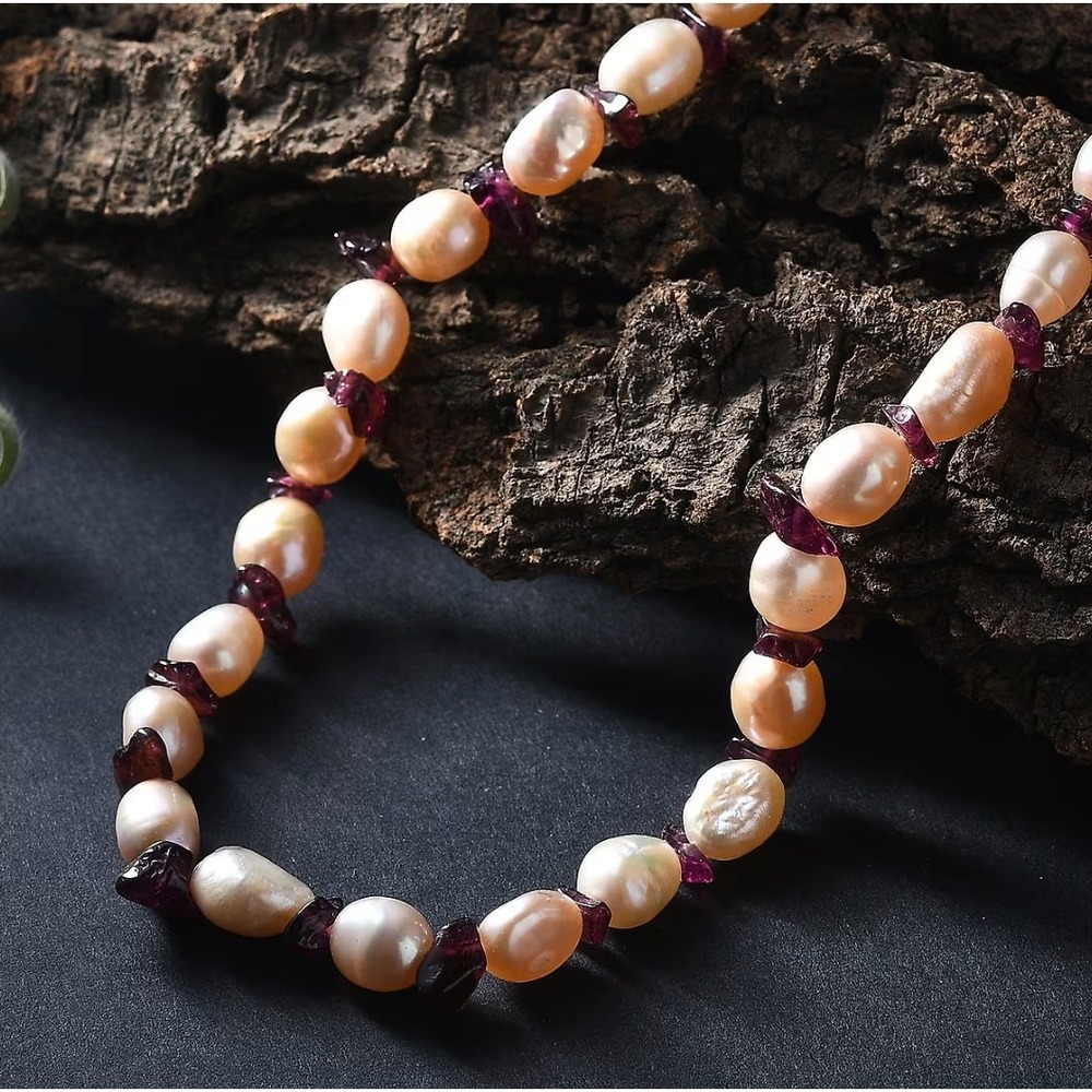 Freshwater Pearl, Rhodolite Garnet, Rhodium Over Sterling‎ Silver
